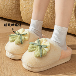 【抖音爆款】韓版厚底蝴蝶結毛茸茸棉拖鞋2025加絨厚底居家保暖