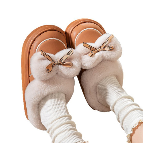 加厚蝴蝶結防水棉拖鞋女士可愛毛毛拖鞋居家松弛感ins風2025新款