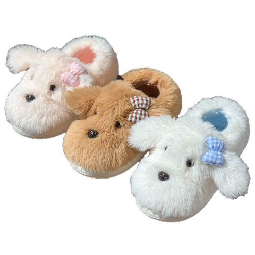 可愛小狗造型毛絨棉拖鞋蝴蝶結裝飾居家保暖拖女款卡通棉拖