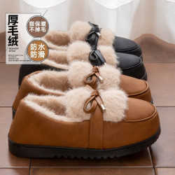 PU皮面蝴蝶結棉拖鞋女士包跟冬季新款加絨保暖外穿時尚防水棉鞋女