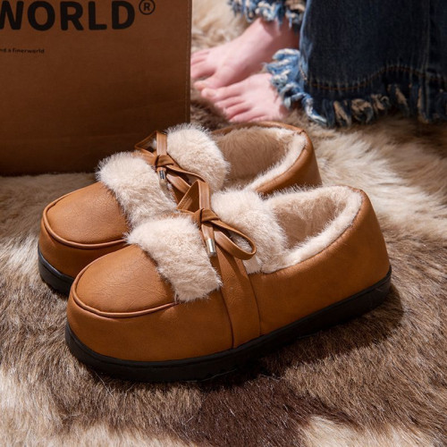 PU皮面蝴蝶結棉拖鞋女士包跟冬季新款加絨保暖外穿時尚防水棉鞋女 PU皮面蝴蝶結棉拖鞋女士包跟冬季新款加絨保暖外穿時尚防水棉鞋女