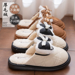 棉拖鞋女款冬季室內防水皮拖可愛蝴蝶結厚底保暖加絨外穿毛毛拖鞋