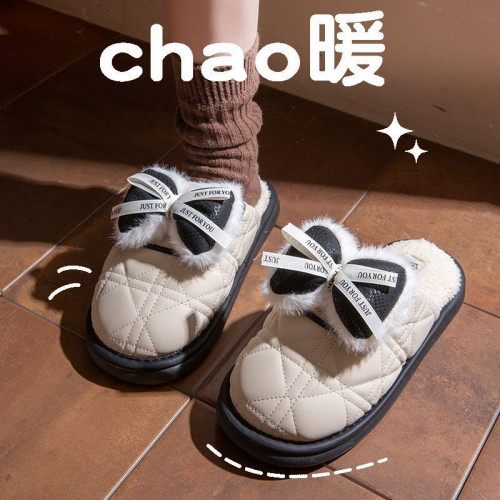 棉拖鞋女款冬季室內防水皮拖可愛蝴蝶結厚底保暖加絨外穿毛毛拖鞋