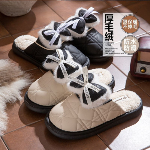 棉拖鞋女款冬季室內防水皮拖可愛蝴蝶結厚底保暖加絨外穿毛毛拖鞋