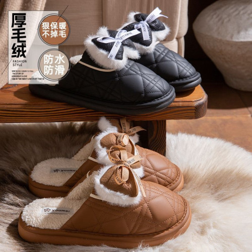 棉拖鞋女款冬季室內防水皮拖可愛蝴蝶結厚底保暖加絨外穿毛毛拖鞋