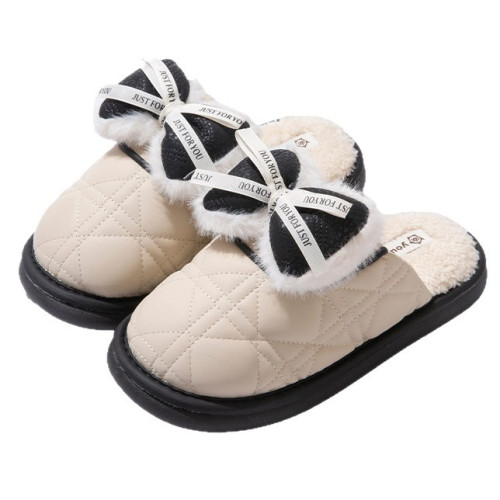 棉拖鞋女款冬季室內防水皮拖可愛蝴蝶結厚底保暖加絨外穿毛毛拖鞋