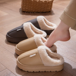 新款皮面防水棉拖鞋男2025秋冬季室內家居保暖加絨情侶厚底毛拖女