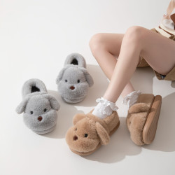 可愛小狗包跟毛絨保暖防滑棉拖鞋冬季居家室內卡通情侶厚底棉鞋