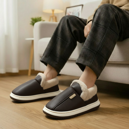 全包棉拖鞋女冬季家居室內防滑厚底加絨保暖踩屎感pu棉鞋男冬