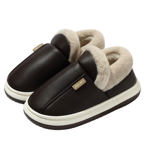 全包棉拖鞋女冬季家居室內防滑厚底加絨保暖踩屎感pu棉鞋男冬