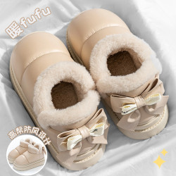 棉拖鞋女士秋冬季2025新款室內家居厚底防水蝴蝶結加絨保暖拖鞋女