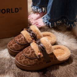 時尚蝴蝶結棉拖鞋女冬季加絨保暖家居室內防滑厚底包頭毛拖女外穿