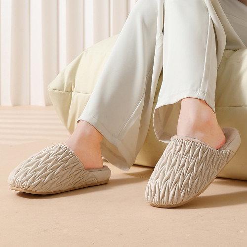 時尚女士棉拖鞋2025新款秋冬季家居PU皮面防水毛絨保暖棉拖女