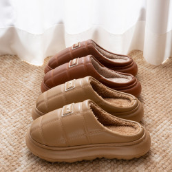 pu防水棉拖鞋女冬季2025新款室內家居防滑靜音加絨厚底皮面棉拖男