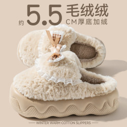 蝴蝶結棉拖鞋女2025秋冬季新款室內家居加絨保暖厚底防滑毛絨棉拖
