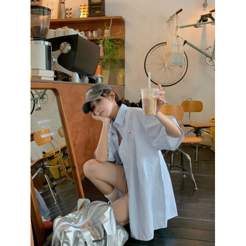 襯衫條紋防曬衫女夏薄款通勤法式上衣外套韓系女裝高立體圖案