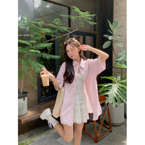 襯衫條紋防曬衫女夏薄款通勤法式上衣外套韓系女裝高立體圖案
