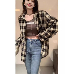 夏季日系格子襯衣女薄款防曬罩衫上衣法式外搭開衫通勤外套大