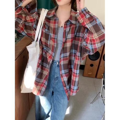 復古紅色格紋襯衫女長袖上衣韓版設計感強B端爆夏季