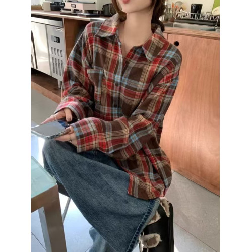復古紅色格紋襯衫女長袖上衣韓版設計感強B端爆夏季