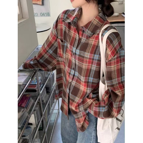 復古紅色格紋襯衫女長袖上衣韓版設計感強B端爆夏季
