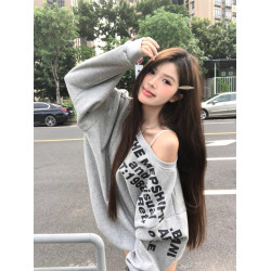春秋季新款美式字母印花設計感斜肩長袖衛衣女慵嬾套頭上衣