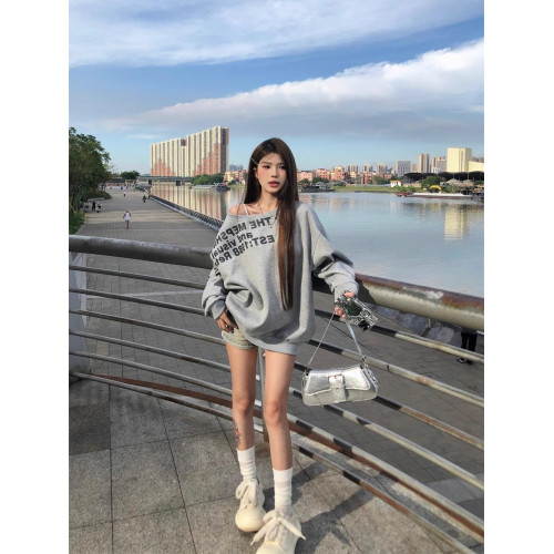 春秋季新款美式字母印花設計感斜肩長袖衛衣女慵嬾套頭上衣
