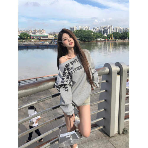 春秋季新款美式字母印花設計感斜肩長袖衛衣女慵嬾套頭上衣