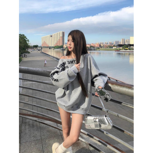 春秋季新款美式字母印花設計感斜肩長袖衛衣女慵嬾套頭上衣