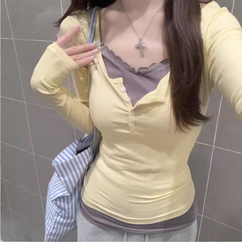 小個子鵝黃色蕾絲拼接長袖上衣女2026早春修身假兩件撞色打底T恤