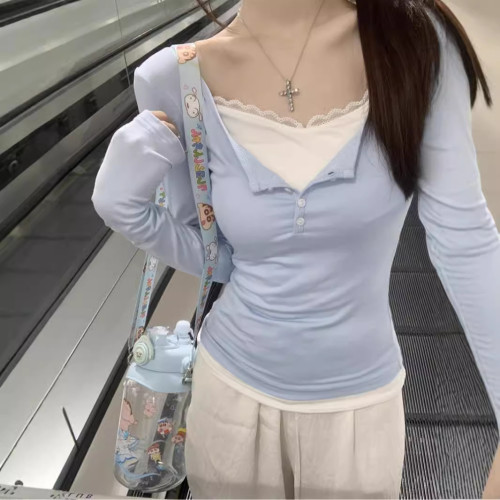 小個子鵝黃色蕾絲拼接長袖上衣女2026早春修身假兩件撞色打底T恤