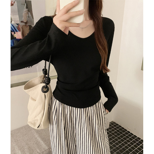收腰褶皺V領鵝黃色打底衫女2025春季修身純色簡約休閒上衣長袖T恤