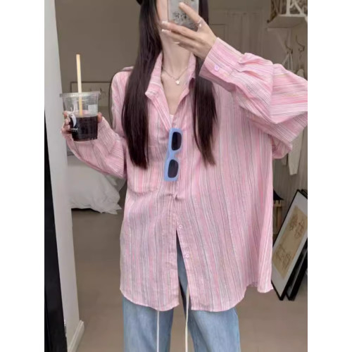 上衣女夏條紋襯衫薄款防曬罩衫女裝通勤法式小衫設長袖