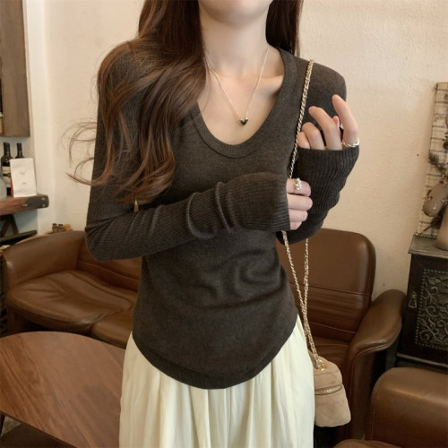 2026春季U領鵝蛋領毛衣女花駝色溫柔氣質修身顯瘦上衣針織打底衫