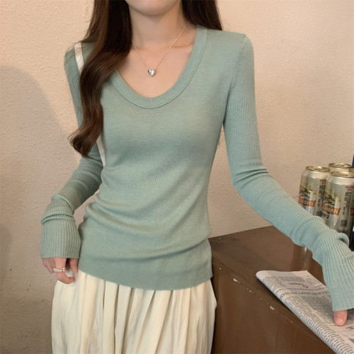 2026春季U領鵝蛋領毛衣女花駝色溫柔氣質修身顯瘦上衣針織打底衫