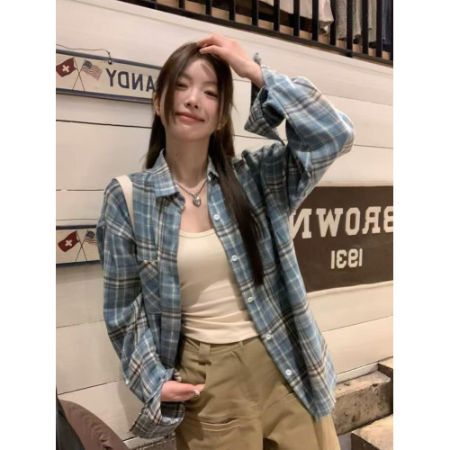 日系秋裝女裝格子襯衣薄款防曬罩衫大碼上衣法式外搭