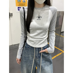 春秋冬季新款ins撞色插肩袖印花T恤女上衣美式辣妹長袖T恤打底衫