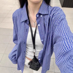 日系女裝秋格紋襯衫薄防曬衫外搭外套法式罩衫大碼休閒外
