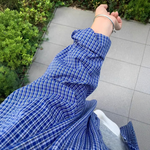 日系女裝秋格紋襯衫薄防曬衫外搭外套法式罩衫大碼休閒外