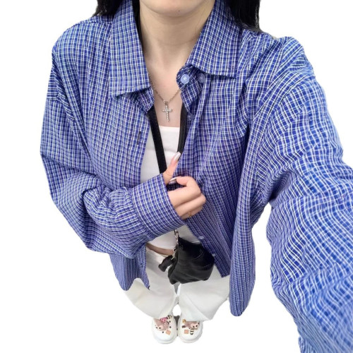 日系女裝秋格紋襯衫薄防曬衫外搭外套法式罩衫大碼休閒外