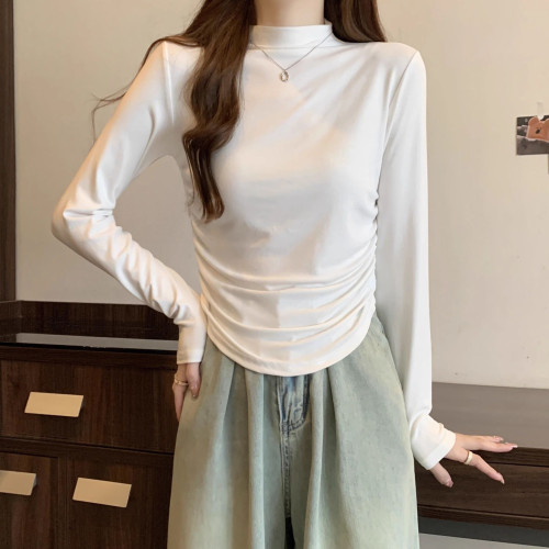 半高領褶皺長袖T恤女秋季2025新款小個子修身純色打底衫內搭