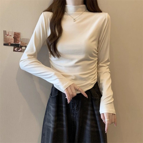 半高領褶皺長袖T恤女秋季2025新款小個子修身純色打底衫內搭