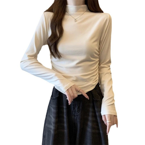 半高領褶皺長袖T恤女秋季2025新款小個子修身純色打底衫內搭