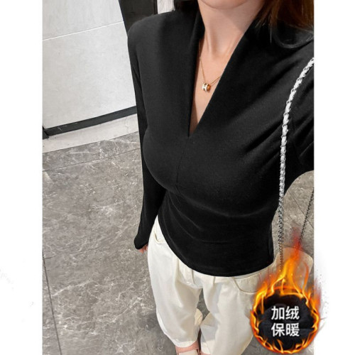 春季2025新款修身純欲上衣女長袖v領顯瘦T恤設計感辣妹內搭打