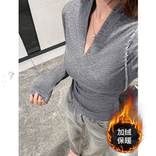 春季2025新款修身純欲上衣女長袖v領顯瘦T恤設計感辣妹內搭打