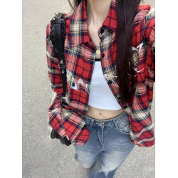 日系女裝秋格子襯衣薄款防曬罩衫外套上衣法式外搭開
