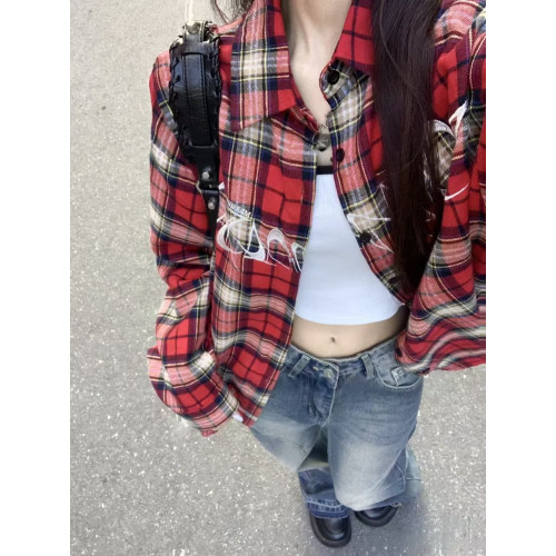 日系女裝秋格子襯衣薄款防曬罩衫外套上衣法式外搭開