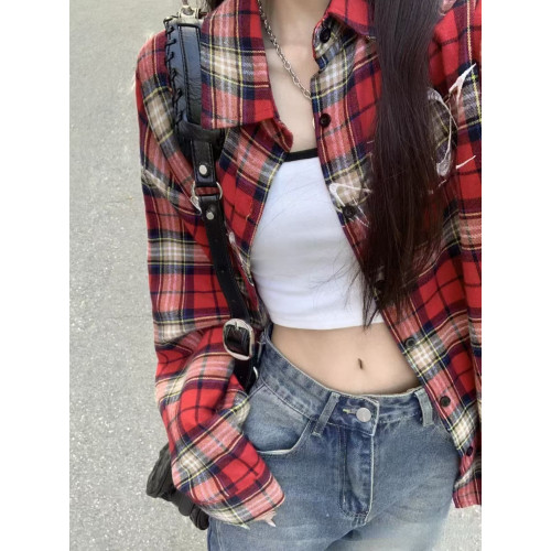 日系女裝秋格子襯衣薄款防曬罩衫外套上衣法式外搭開