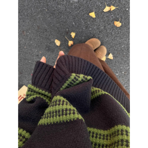 韓系綠色條紋撞色毛衣女秋冬高級感寬松慵懶風軟糯內搭針織衫上衣