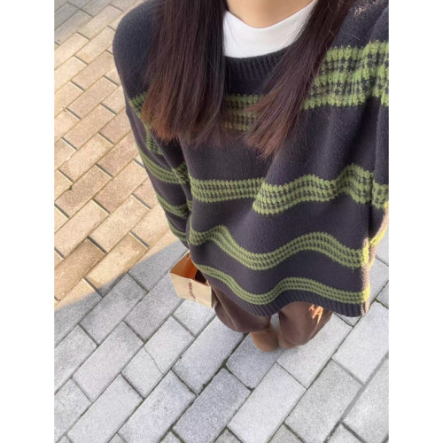 韓系綠色條紋撞色毛衣女秋冬高級感寬松慵懶風軟糯內搭針織衫上衣